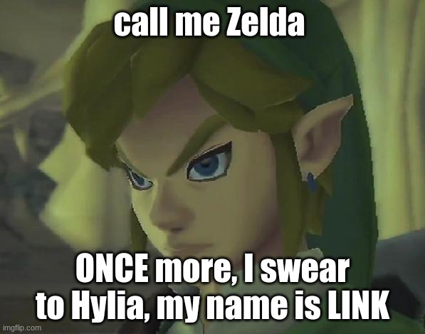 THE NAME IS LINK | call me Zelda; ONCE more, I swear to Hylia, my name is LINK | image tagged in angry link | made w/ Imgflip meme maker