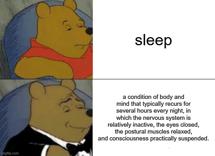 Sleep | sleep; a condition of body and mind that typically recurs for several hours every night, in which the nervous system is relatively inactive, the eyes closed, the postural muscles relaxed, and consciousness practically suspended. | image tagged in memes,tuxedo winnie the pooh | made w/ Imgflip meme maker