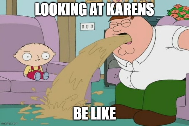 ewwwww cringe |  LOOKING AT KARENS; BE LIKE | image tagged in peter griffin vomit | made w/ Imgflip meme maker