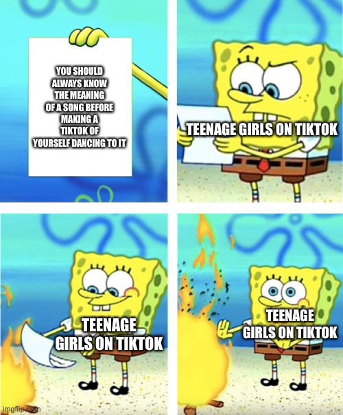When will it get to them? | YOU SHOULD ALWAYS KNOW THE MEANING OF A SONG BEFORE MAKING A TIKTOK OF YOURSELF DANCING TO IT; TEENAGE GIRLS ON TIKTOK; TEENAGE GIRLS ON TIKTOK; TEENAGE GIRLS ON TIKTOK | image tagged in spongebob burning paper | made w/ Imgflip meme maker