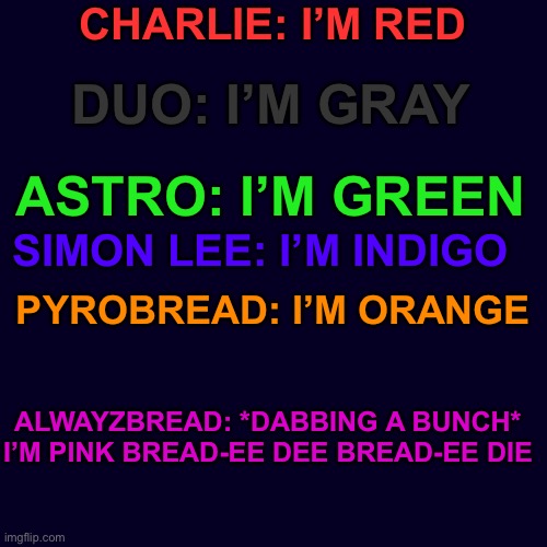 Yes. | CHARLIE: I’M RED; DUO: I’M GRAY; ASTRO: I’M GREEN; SIMON LEE: I’M INDIGO; PYROBREAD: I’M ORANGE; ALWAYZBREAD: *DABBING A BUNCH* I’M PINK BREAD-EE DEE BREAD-EE DIE | image tagged in memes,blank transparent square | made w/ Imgflip meme maker