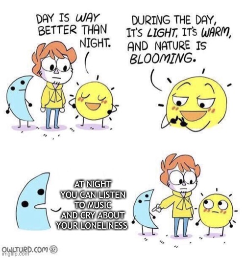 sad hours | AT NIGHT YOU CAN LISTEN TO MUSIC AND CRY ABOUT YOUR LONELINESS | image tagged in the day is better than night | made w/ Imgflip meme maker