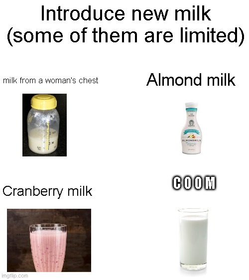 New milk | Introduce new milk (some of them are limited); milk from a woman's chest; Almond milk; C O O M; Cranberry milk | image tagged in blank white template | made w/ Imgflip meme maker