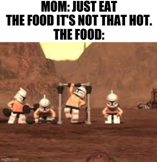 Fire | MOM: JUST EAT THE FOOD IT'S NOT THAT HOT.
THE FOOD: | image tagged in clone wars 3,lego clones,star wars | made w/ Imgflip meme maker