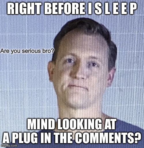 Are you serious bro? | RIGHT BEFORE I S L E E P; MIND LOOKING AT A PLUG IN THE COMMENTS? | image tagged in are you serious bro | made w/ Imgflip meme maker