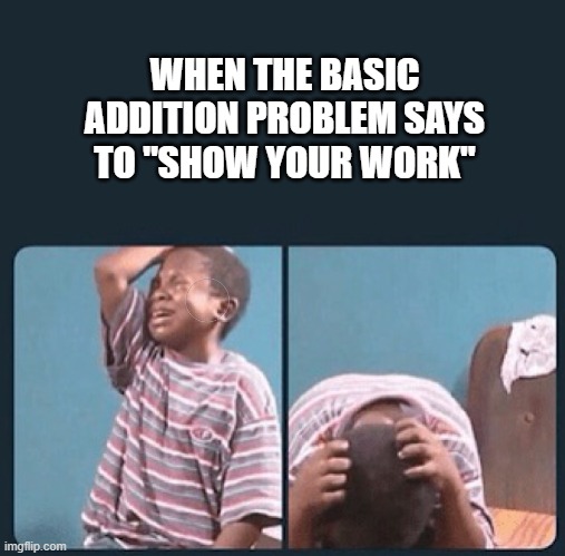 black kid crying with knife | WHEN THE BASIC ADDITION PROBLEM SAYS TO "SHOW YOUR WORK" | image tagged in black kid crying with knife,lol | made w/ Imgflip meme maker