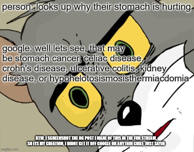 google rly gotta give the worst scenarios for a simple search of whats wrong with u. yall rlly tryna get the hypochondriacs goin | BTW, I SCREENSHOT THE OG POST I MADE OF THIS IN THE FUN STREAM, SO ITS MY CREATION, I DIDNT GET IT OFF GOOGLE OR ANYTHIN CHILE, JUST SAYIN | made w/ Imgflip meme maker