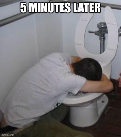 Drunk puking toilet | 5 MINUTES LATER | image tagged in drunk puking toilet | made w/ Imgflip meme maker