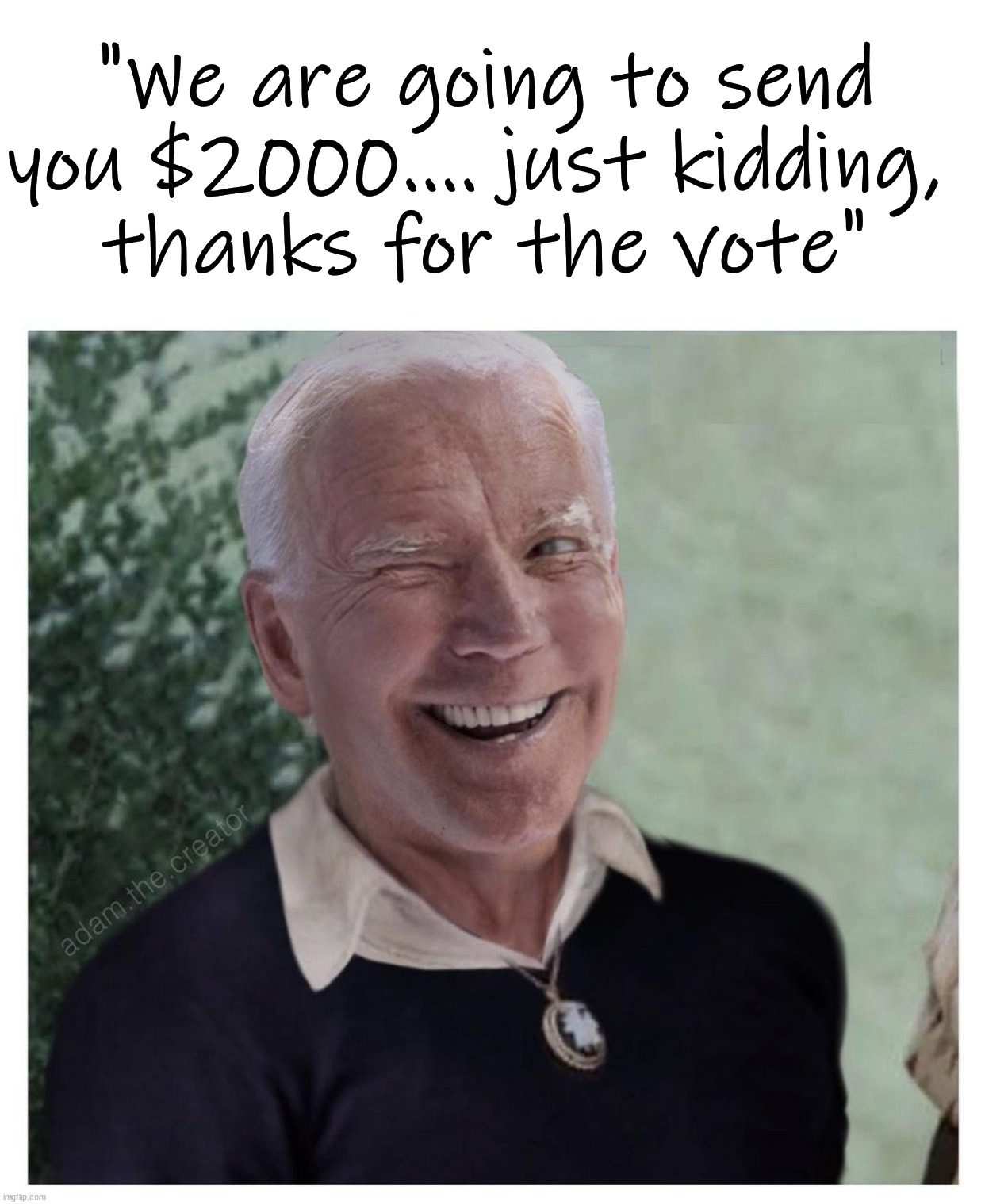 "We are going to send you $2000.... just kidding, 
thanks for the vote" | image tagged in political meme,joe biden | made w/ Imgflip meme maker