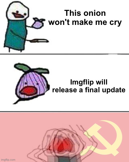 It can't be the end! | This onion won't make me cry; Imgflip will release a final update | image tagged in this onion won't make me cry,memes,funny,pancake | made w/ Imgflip meme maker