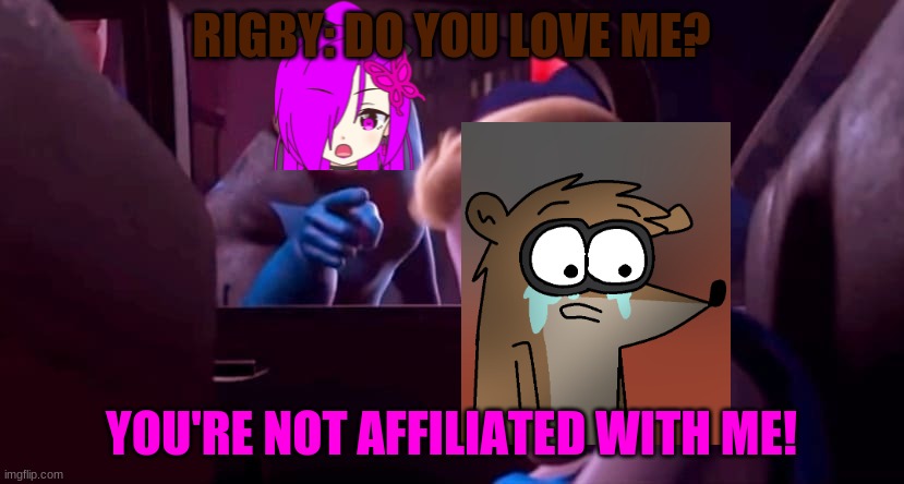 Rigby is not affiliated with Rin | RIGBY: DO YOU LOVE ME? YOU'RE NOT AFFILIATED WITH ME! | image tagged in you're not affiliated with me | made w/ Imgflip meme maker