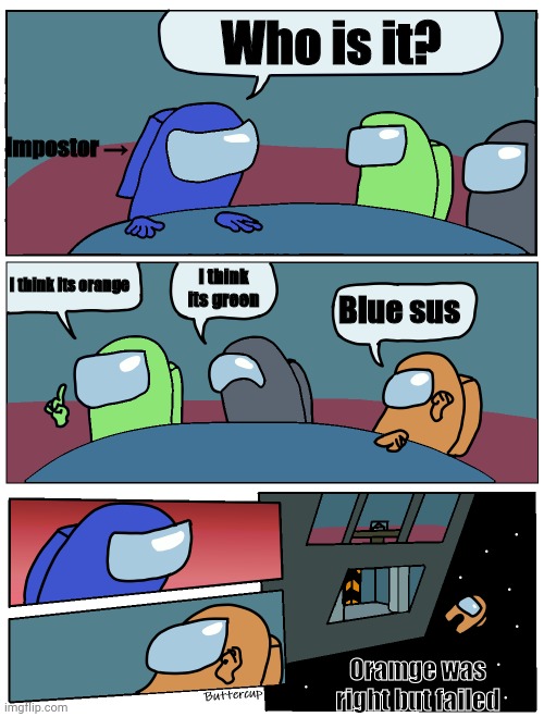 Meeting in Among Us | Who is it? Impostor →; I think its orange; I think its green; Blue sus; Oramge was right but failed | image tagged in among us meeting | made w/ Imgflip meme maker
