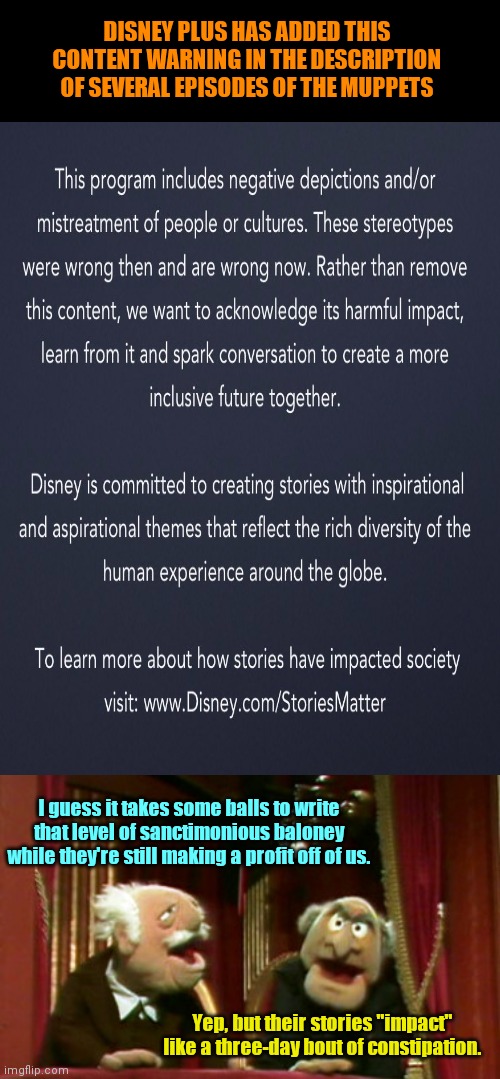Disney's sanctimonious treatment of The Muppets | DISNEY PLUS HAS ADDED THIS CONTENT WARNING IN THE DESCRIPTION OF SEVERAL EPISODES OF THE MUPPETS; I guess it takes some balls to write that level of sanctimonious baloney while they're still making a profit off of us. Yep, but their stories "impact" like a three-day bout of constipation. | image tagged in statler and waldorf template,disney plus,political correctness,corporate greed,sanctimonious disney,the muppets | made w/ Imgflip meme maker