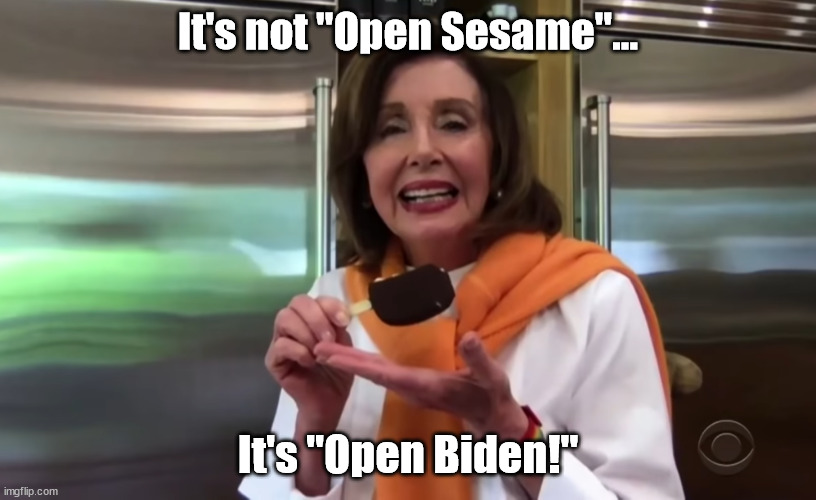 He's like a freezer full of Rubber Stamps. | It's not "Open Sesame"... It's "Open Biden!" | image tagged in nancy pelosi icecream | made w/ Imgflip meme maker