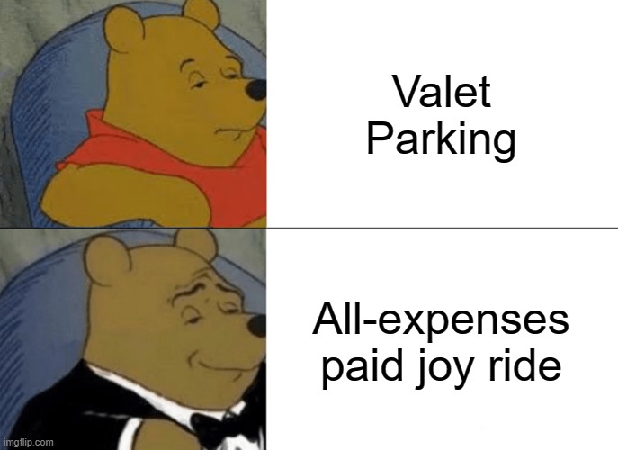 From the point of view of the valet. | Valet Parking; All-expenses paid joy ride | image tagged in memes,tuxedo winnie the pooh,valet parking,joy ride | made w/ Imgflip meme maker