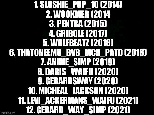 I REMEMBER I DELETED SLUSHIE_PUP_10 EXACTLY AT 1,000,000 POINTS | 1. SLUSHIE_PUP_10 (2014)
2. WOOKMER (2014
3. PENTRA (2015)
4. GRIBOLE (2017)
5. WOLFBEATZ (2018)
6. THATONEEMO_BVB_MCR_PATD (2018)
7. ANIME_SIMP (2019)
8. DABIS_WAIFU (2020)
9. GERARDSWAY (2020)
10. MICHEAL_JACKSON (2020)
11. LEVI_ACKERMANS_WAIFU (2021)
12. GERARD_WAY_SIMP (2021) | image tagged in black background | made w/ Imgflip meme maker