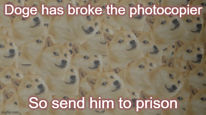 He multiplied himself | Doge has broke the photocopier; So send him to prison | image tagged in multi doge,prison | made w/ Imgflip meme maker