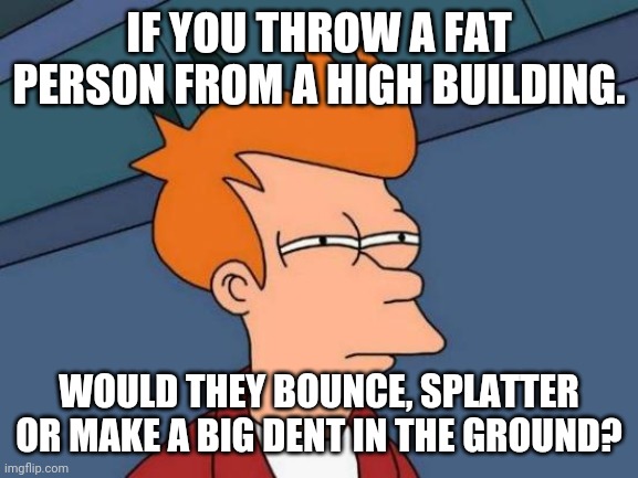 Futurama Fry Meme | IF YOU THROW A FAT PERSON FROM A HIGH BUILDING. WOULD THEY BOUNCE, SPLATTER OR MAKE A BIG DENT IN THE GROUND? | image tagged in memes,futurama fry | made w/ Imgflip meme maker