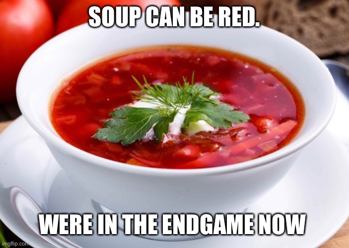Borscht | SOUP CAN BE RED. WERE IN THE ENDGAME NOW | image tagged in soup | made w/ Imgflip meme maker