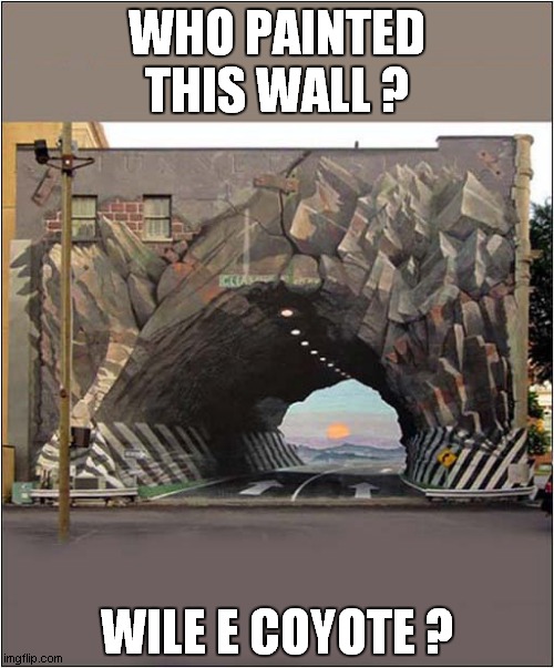Roadrunner Beware ! | WHO PAINTED THIS WALL ? WILE E COYOTE ? | image tagged in roadrunner,optical illusion | made w/ Imgflip meme maker