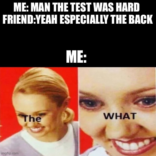 The What | ME: MAN THE TEST WAS HARD 
FRIEND:YEAH ESPECIALLY THE BACK; ME: | image tagged in the what | made w/ Imgflip meme maker