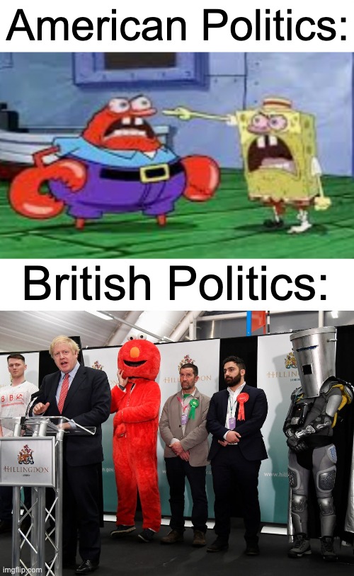 3 Satire candidates next to Boris Johnson. This is great | American Politics:; British Politics: | image tagged in politics | made w/ Imgflip meme maker