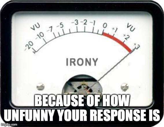 Irony Meter | BECAUSE OF HOW UNFUNNY YOUR RESPONSE IS | image tagged in irony meter | made w/ Imgflip meme maker