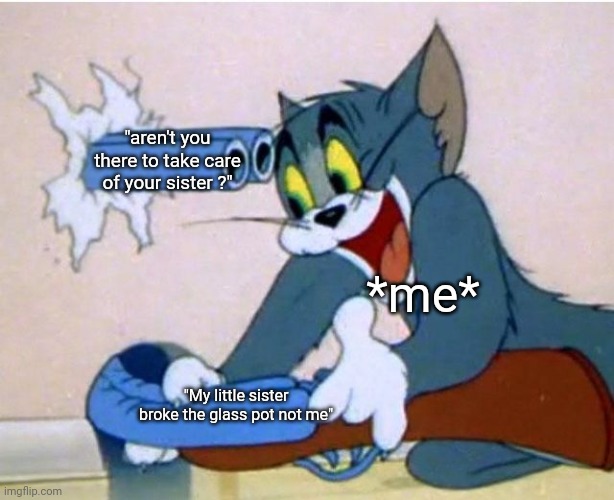 just dont ask | "aren't you there to take care of your sister ?"; *me*; "My little sister broke the glass pot not me" | image tagged in tom and jerry | made w/ Imgflip meme maker
