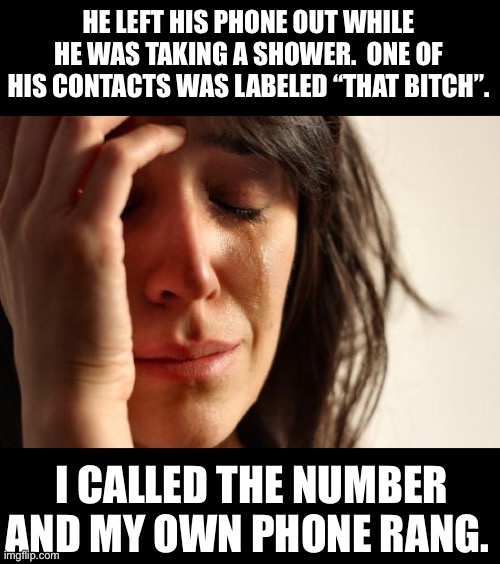 Phone | HE LEFT HIS PHONE OUT WHILE HE WAS TAKING A SHOWER.  ONE OF HIS CONTACTS WAS LABELED “THAT BITCH”. I CALLED THE NUMBER AND MY OWN PHONE RANG. | image tagged in memes,first world problems | made w/ Imgflip meme maker