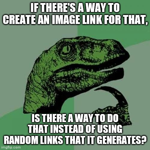I want to create an image link for myself, not just an image link generator. | IF THERE'S A WAY TO CREATE AN IMAGE LINK FOR THAT, IS THERE A WAY TO DO THAT INSTEAD OF USING RANDOM LINKS THAT IT GENERATES? | image tagged in memes,philosoraptor | made w/ Imgflip meme maker