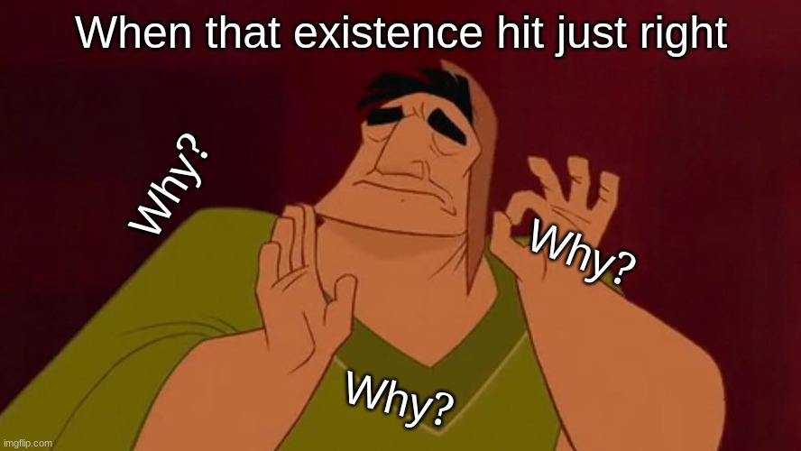 When that existence hit J U S T right |  When that existence hit just right; Why? Why? Why? | image tagged in kronk,philosopher,just right | made w/ Imgflip meme maker