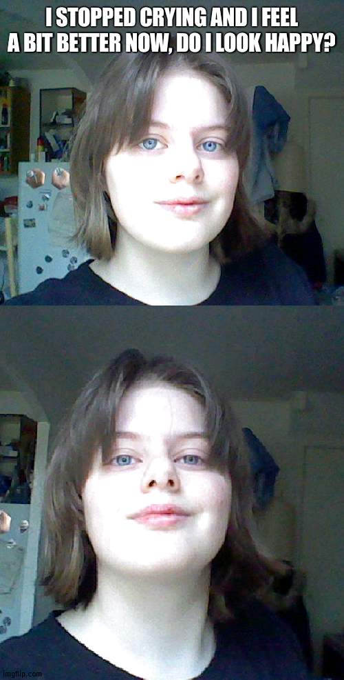 on a scale of 1-10 how happy do i look | I STOPPED CRYING AND I FEEL A BIT BETTER NOW, DO I LOOK HAPPY? | made w/ Imgflip meme maker