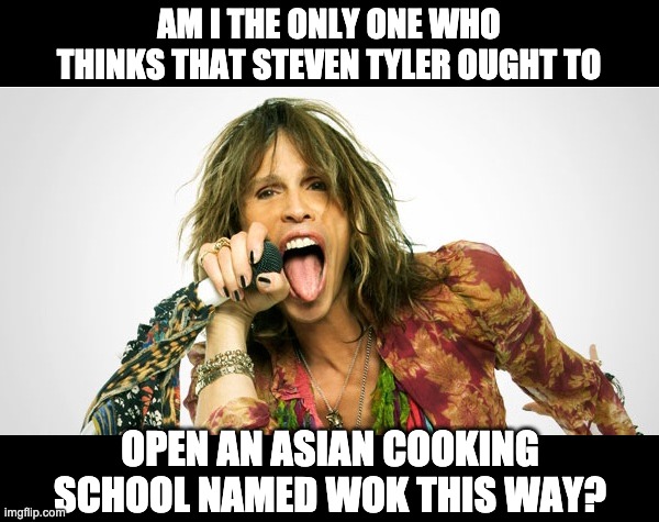 Wok this way | AM I THE ONLY ONE WHO THINKS THAT STEVEN TYLER OUGHT TO; OPEN AN ASIAN COOKING SCHOOL NAMED WOK THIS WAY? | image tagged in steven tyler | made w/ Imgflip meme maker