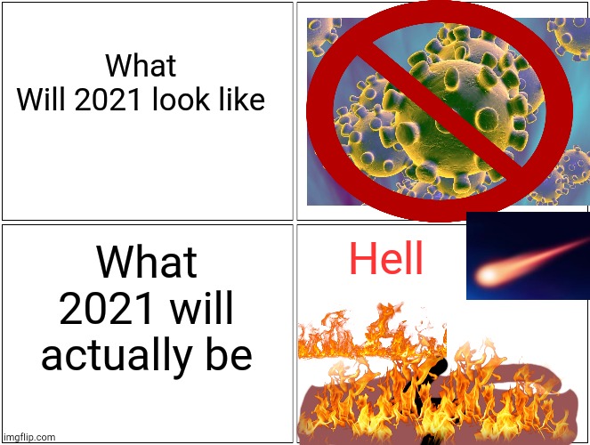 Blank Comic Panel 2x2 | What
Will 2021 look like; Hell; What 2021 will actually be | image tagged in memes,blank comic panel 2x2 | made w/ Imgflip meme maker