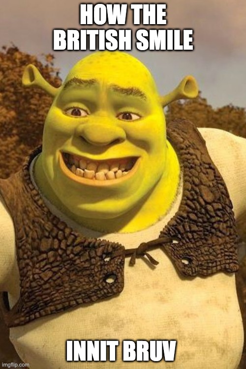 Smiling Shrek | HOW THE BRITISH SMILE; INNIT BRUV | image tagged in smiling shrek | made w/ Imgflip meme maker