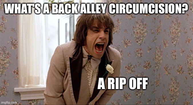 There's Something About Mary Zipper Scene | WHAT'S A BACK ALLEY CIRCUMCISION? A RIP OFF | image tagged in circumcision,rip off,cheap trick | made w/ Imgflip meme maker