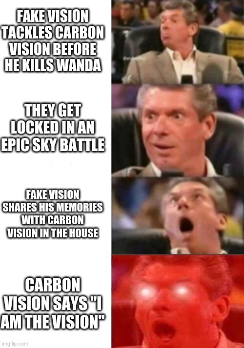 Wandavision Vision vs. Vision | FAKE VISION TACKLES CARBON VISION BEFORE HE KILLS WANDA; THEY GET LOCKED IN AN EPIC SKY BATTLE; FAKE VISION SHARES HIS MEMORIES WITH CARBON VISION IN THE HOUSE; CARBON VISION SAYS "I AM THE VISION" | image tagged in mr mcmahon reaction | made w/ Imgflip meme maker