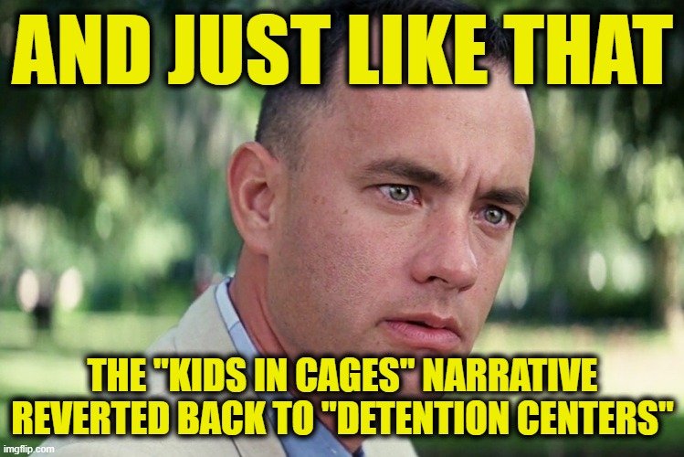And Just Like That Meme | AND JUST LIKE THAT; THE "KIDS IN CAGES" NARRATIVE REVERTED BACK TO "DETENTION CENTERS" | image tagged in memes,and just like that | made w/ Imgflip meme maker