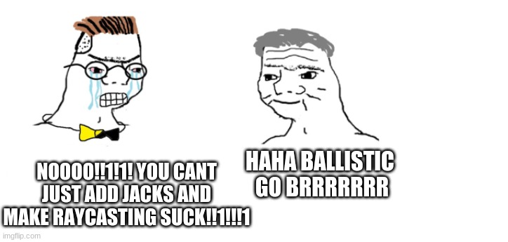 This is whitty mod in a nutshell | NOOOO!!1!1! YOU CANT JUST ADD JACKS AND MAKE RAYCASTING SUCK!!1!!!1; HAHA BALLISTIC  GO BRRRRRRR | image tagged in nooo haha go brrr | made w/ Imgflip meme maker