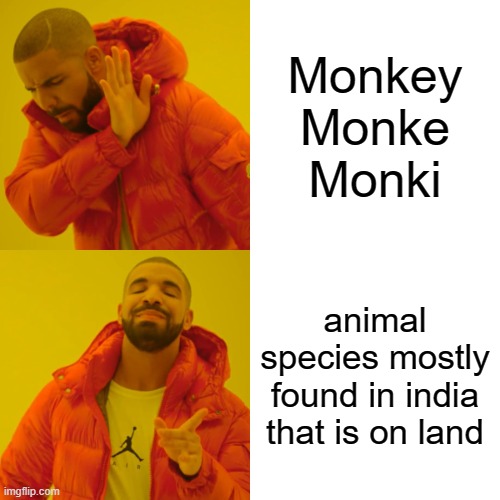 Drake Hotline Meme | Monkey Monke Monki; animal species mostly found in india that is on land | image tagged in memes,drake hotline bling | made w/ Imgflip meme maker