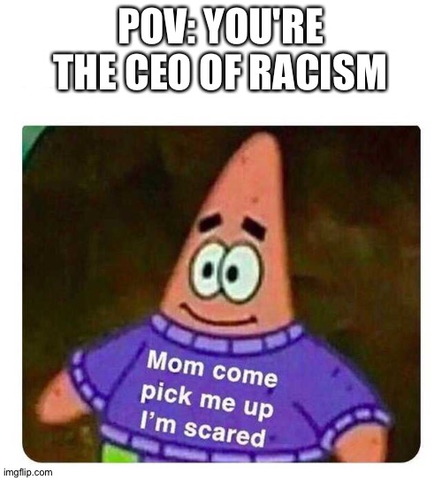 Patrick Mom come pick me up I'm scared |  POV: YOU'RE THE CEO OF RACISM | image tagged in patrick mom come pick me up i'm scared | made w/ Imgflip meme maker