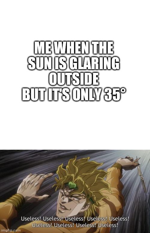 hOw AnD wHy |  ME WHEN THE SUN IS GLARING OUTSIDE BUT IT'S ONLY 35° | image tagged in memes,blank transparent square,useless | made w/ Imgflip meme maker
