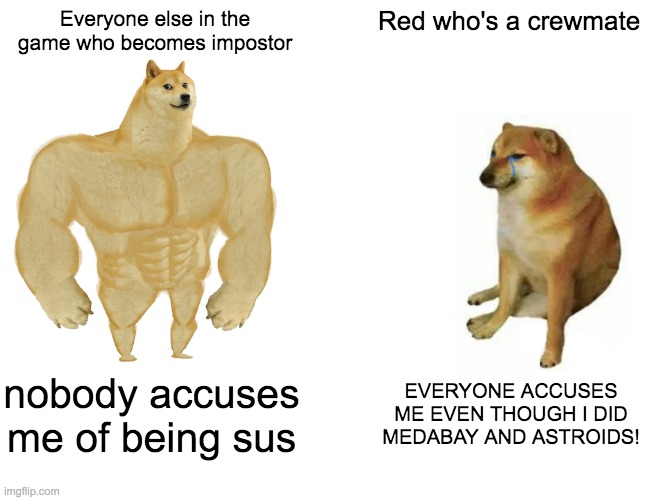Buff Doge vs. Cheems | Everyone else in the game who becomes impostor; Red who's a crewmate; nobody accuses me of being sus; EVERYONE ACCUSES ME EVEN THOUGH I DID MEDABAY AND ASTROIDS! | image tagged in memes,buff doge vs cheems | made w/ Imgflip meme maker