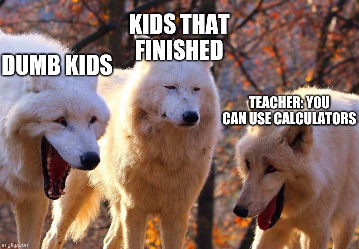 Laughing Wolves | KIDS THAT FINISHED; DUMB KIDS; TEACHER: YOU CAN USE CALCULATORS | image tagged in laughing wolves | made w/ Imgflip meme maker