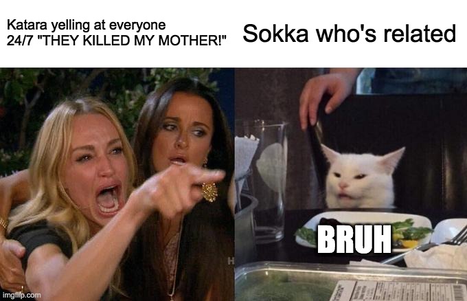 Woman Yelling At Cat | Katara yelling at everyone 24/7 "THEY KILLED MY MOTHER!"; Sokka who's related; BRUH | image tagged in memes,woman yelling at cat | made w/ Imgflip meme maker