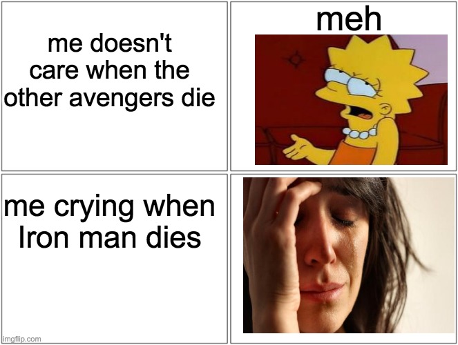 Blank Comic Panel 2x2 Meme | meh; me doesn't care when the other avengers die; me crying when Iron man dies | image tagged in memes,blank comic panel 2x2 | made w/ Imgflip meme maker