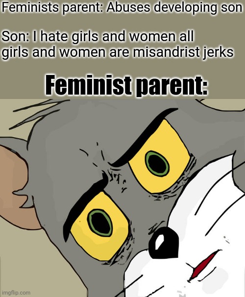 Unsettled Tom Meme | Feminists parent: Abuses developing son; Son: I hate girls and women all girls and women are misandrist jerks; Feminist parent: | image tagged in memes,unsettled tom,feminism,feminist | made w/ Imgflip meme maker