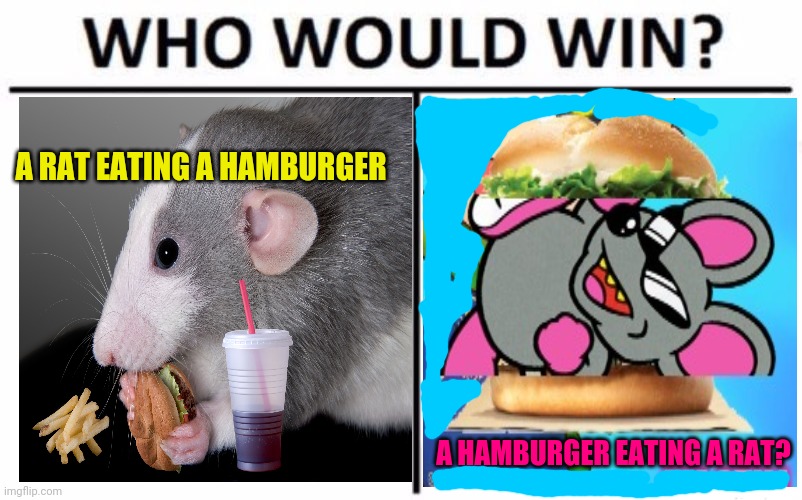 Who would win? | A RAT EATING A HAMBURGER; A HAMBURGER EATING A RAT? | image tagged in memes,who would win,rats,hamburgers | made w/ Imgflip meme maker