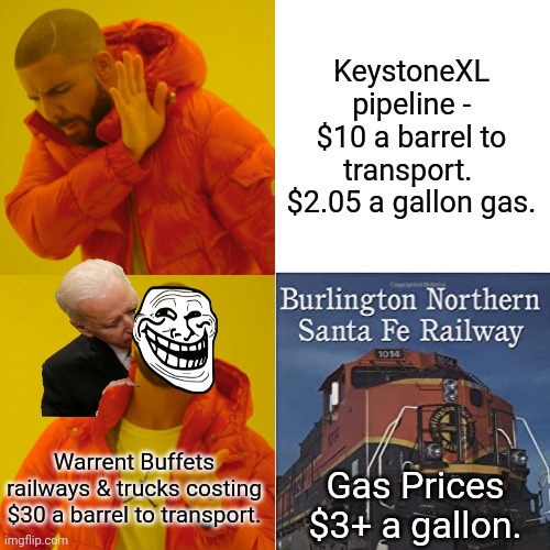 Liberals:  We need more MONEY!!!  Also Liberals: | KeystoneXL pipeline - $10 a barrel to transport.  $2.05 a gallon gas. Warrent Buffets railways & trucks costing $30 a barrel to transport. Gas Prices $3+ a gallon. | image tagged in stupid people,ignorance,oil | made w/ Imgflip meme maker