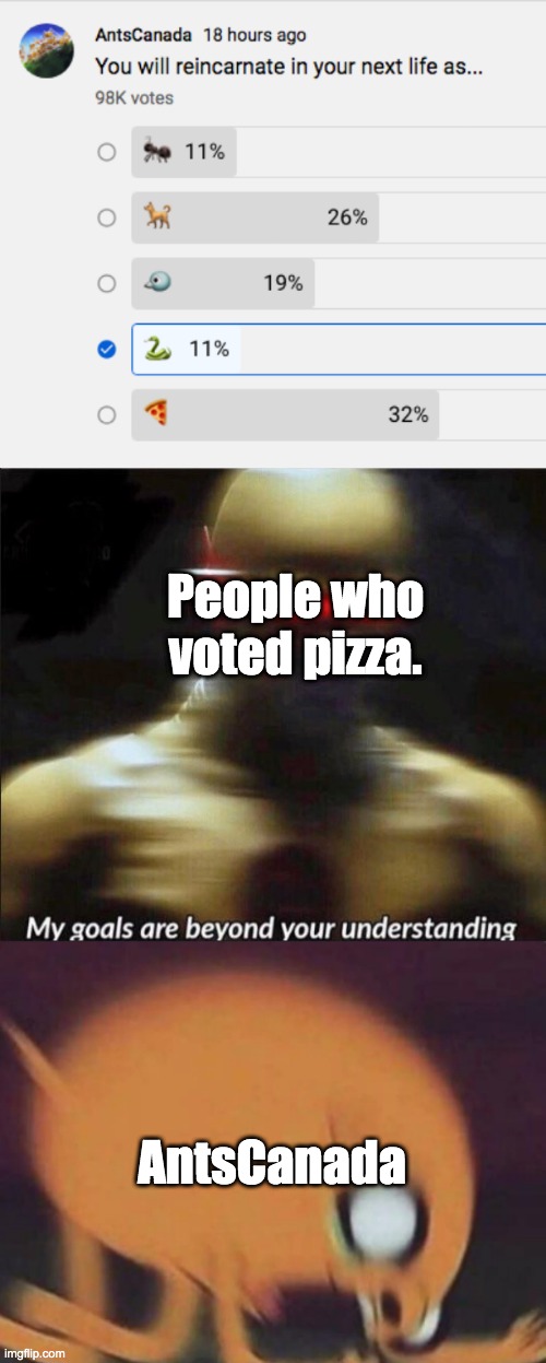 pizza is good |  People who voted pizza. AntsCanada | image tagged in my goals are beyond your understanding,angry,antscanada,pizza | made w/ Imgflip meme maker
